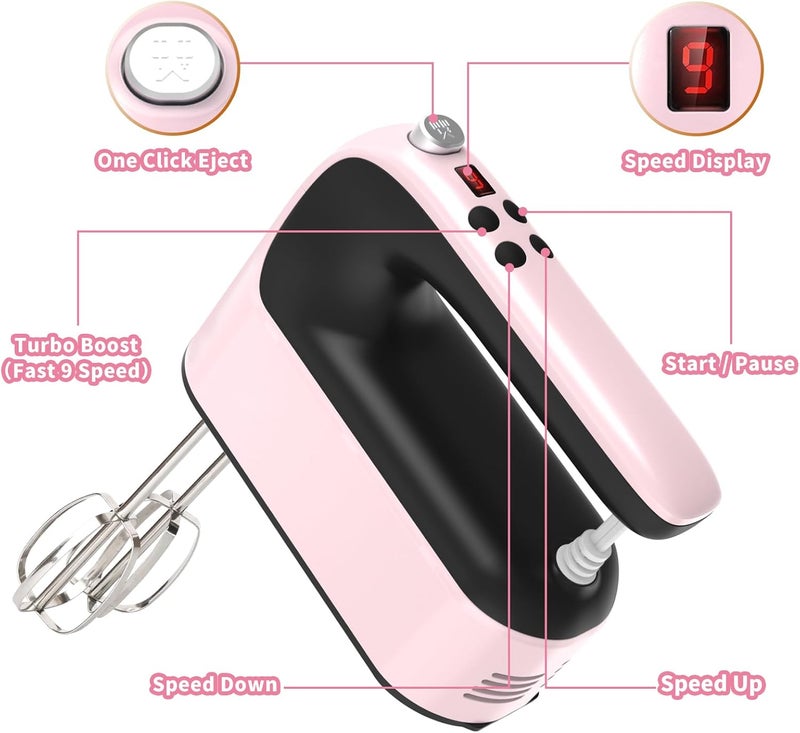 Yomelo 9-Speed Digital Hand Mixer Electric, 400W Powerful DC Motor, Hand Mixer Electric Handheld with Snap-On Storage Case, 5 Stainless Steel Accessories, Beaters, Dough Hooks, Whisk(Pink/Black) - Image 2